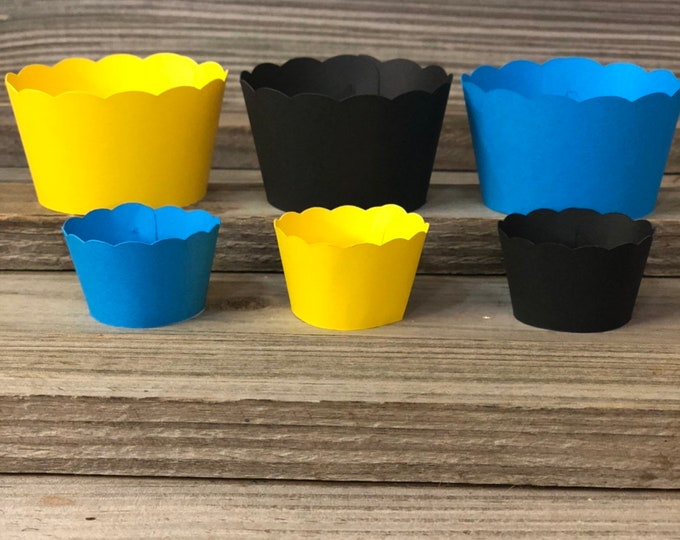 SET OF 12 Yellow, Bright Blue and Black Cupcake Wrappers - Baby Shower/Birthday Party - Matches Boy Bumble Bee Design - 2 Sizes