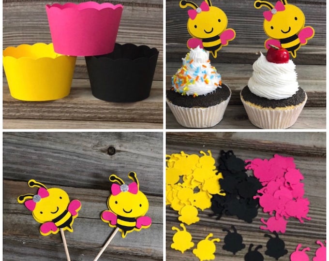 Yellow, Black & Fuchsia Girl Bumble Bee Party Pack-Includes:Cupcake Wrappers/Toppers, Food/Party Picks and Confetti-GREAT VALUE-Shower/Party