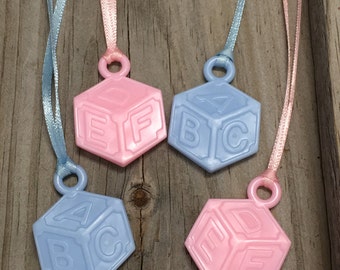 Baby Shower Favor: Pink & Blue Block Charm Necklaces (Set of 12)