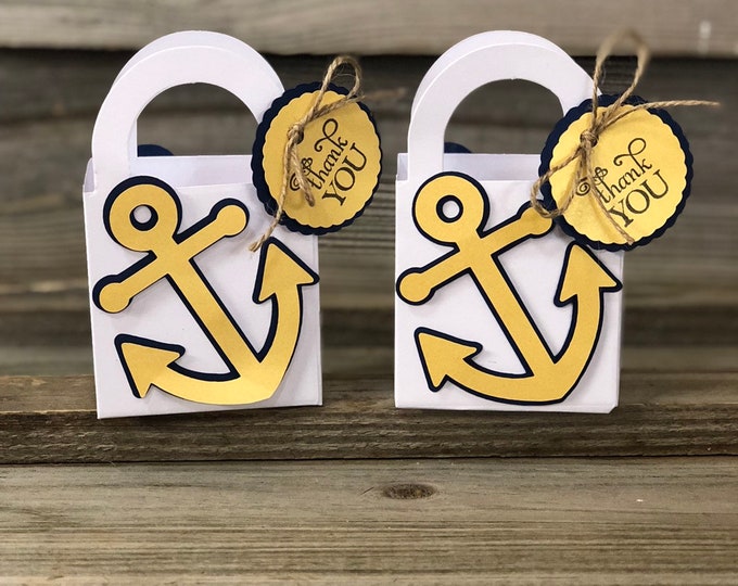 Set of 12 - Gold and Navy Blue Anchor Favor Bags with Handles-Baby Shower/Birthday/Wedding - Favors - Treat Bags - Decorations/Nautical