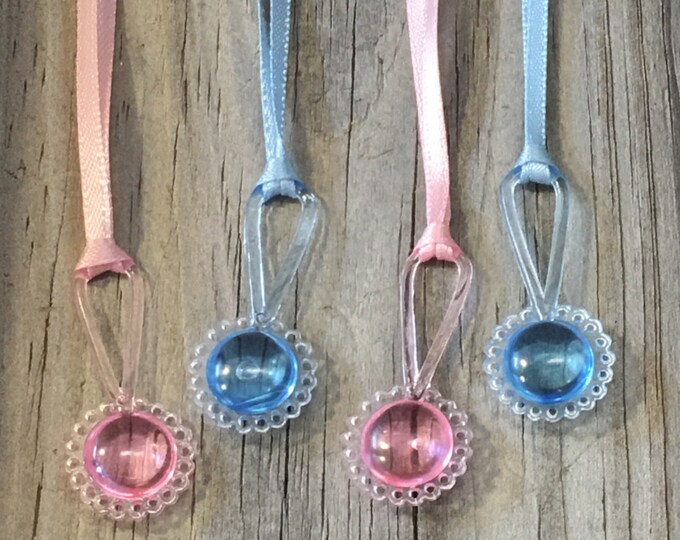 12 - Acrylic Baby Rattle Favor Charm Necklaces in Pink AND Blue-Gender Reveal-Games/Decorations/Gift Tags/Favors-Baby Shower-Ribbon Included
