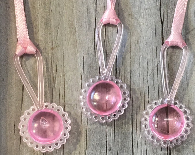 12 - Pink Acrylic Baby Rattle Favor Charm Necklaces-Baby Girl- Games/Decorations/Gift Tags/Favors/Ornaments  - Baby Shower - Ribbon Included