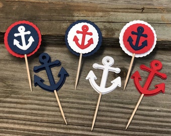 Red, White, and Blue Anchor Party Picks: Nautical Baby Shower Decor