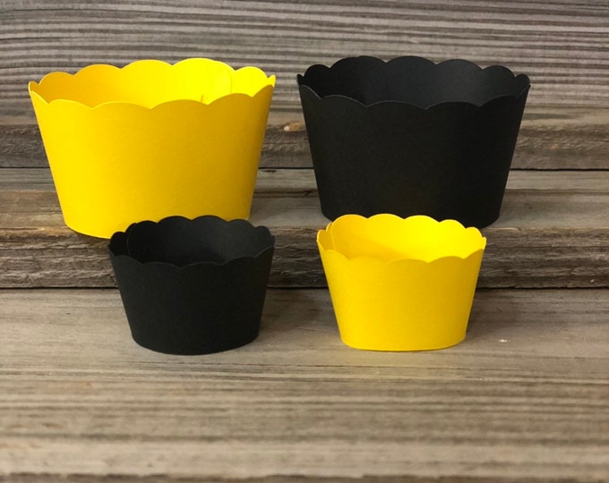 SET OF 12 Black and Yellow Cupcake Wrappers - Baby Shower/Birthday Party - Matches Bumble Bee Design - 2 Sizes