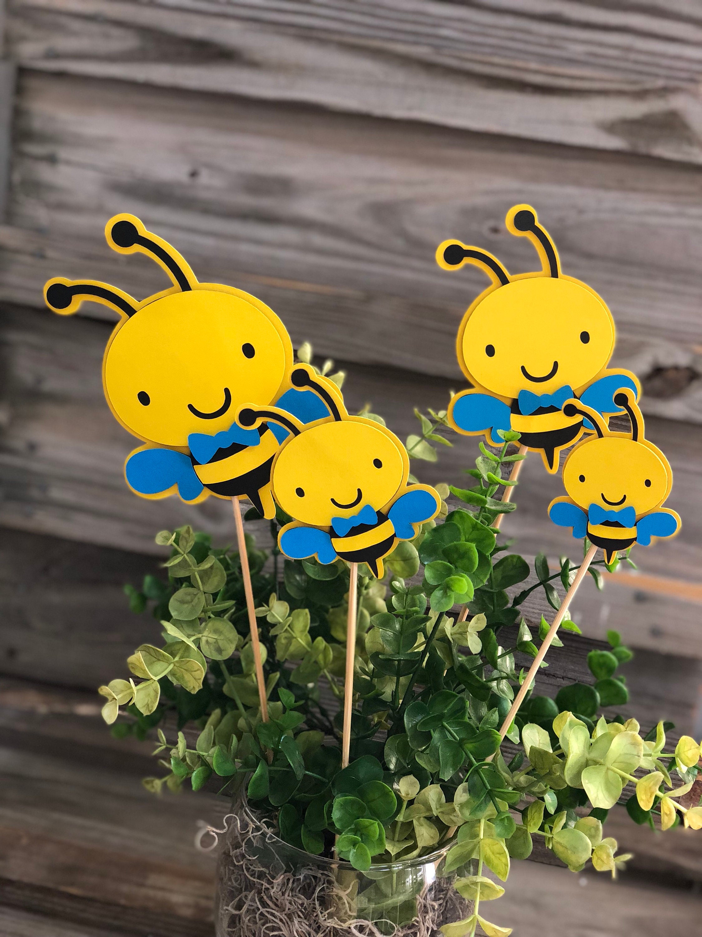 Set of 6 Yellow, Black & Bright Blue BUMBLE BEE Decorations On Wooden  Sticks-Birthday Party/Baby Shower-Table Decorations (4 Sizes) Boy Bee