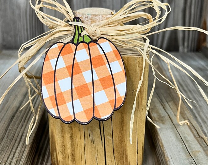 5" Tall Fall Wooden Pumpkin Block Decoration - Farmhouse - Rustic - Buffalo Plaid - Tier Tray - Accent Piece - Handmade