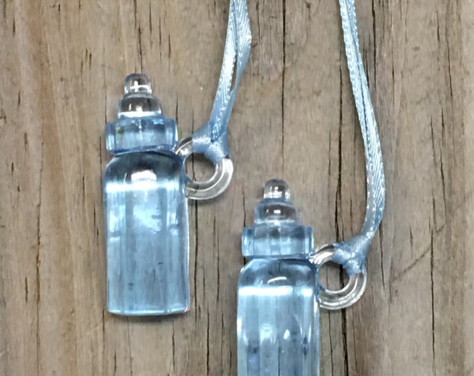 12 - Blue Acrylic Baby Bottle Favor Charm Necklaces-Baby Boy-Games/Decorations/Gift Tags/Favors/Ornaments  - Baby Shower - Ribbon Included