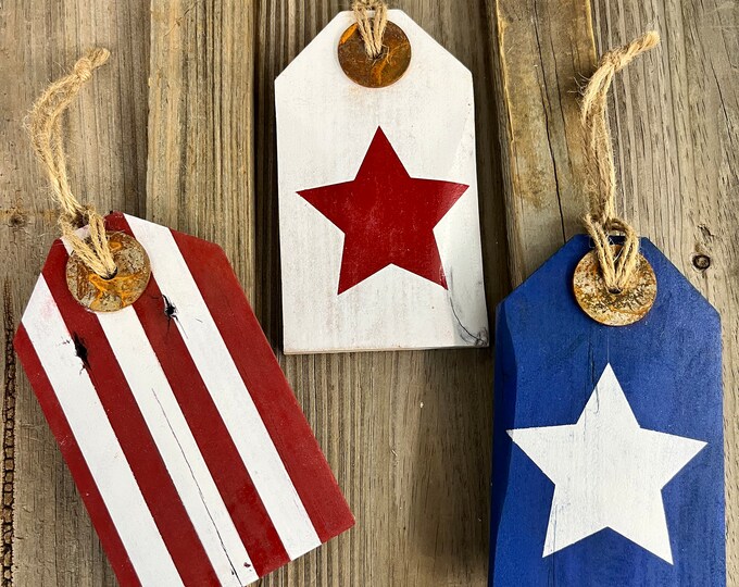 Farmhouse Patriotic Wooden Wall Decorations - 3 Piece Set - Each 6" tall - Country - Rustic - Military - Vintage Look - Handmade - Accents