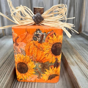 5&quot; Tall Fall Wooden Pumpkin Block Decoration - Farmhouse - Rustic - Sunflower - Tier Tray - Accent Piece - Handmade