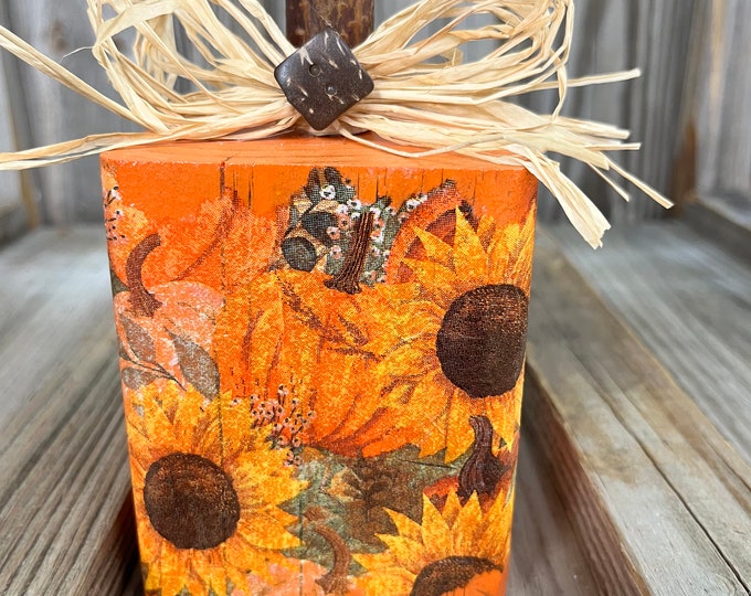 5" Tall Fall Wooden Pumpkin Block Decoration - Farmhouse - Rustic - Sunflower - Tier Tray - Accent Piece - Handmade