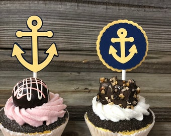 Set of 12 - Gold and Navy Blue Anchor Cupcake Toppers-Baby Shower/Birthday Party/Weddings-Decorations/Favors/Centerpieces-Nautical-2 Designs