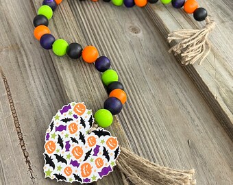 Farmhouse Country 28" Long Halloween Wood Bead Garland - Orange-Green-Purple-Bats-Pumpkins-Handmade-Perfect for Tier Trays or Accent Pieces