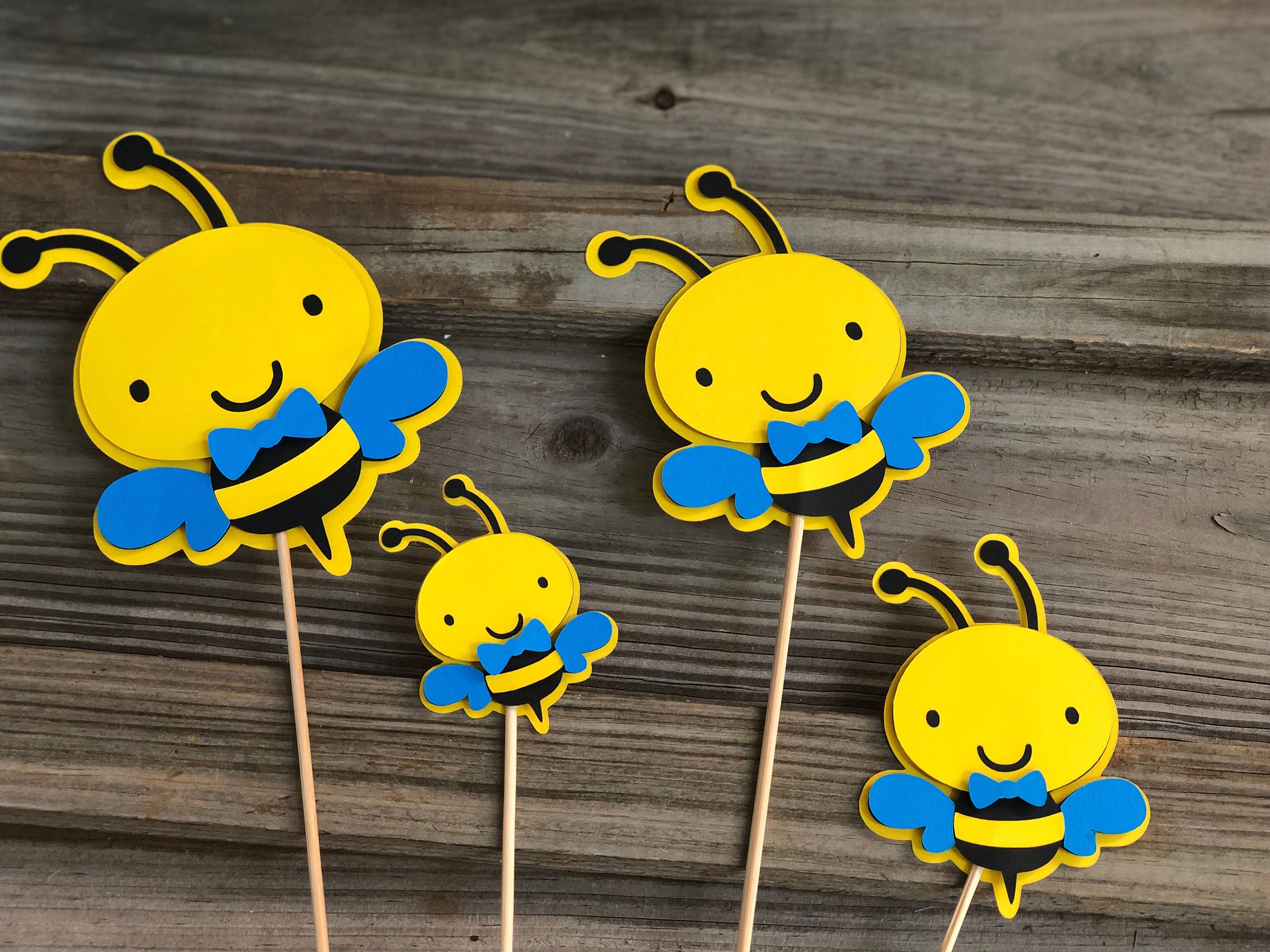 Set of 6 Yellow, Black & Bright Blue BUMBLE BEE Decorations On Wooden  Sticks-Birthday Party/Baby Shower-Table Decorations (4 Sizes) Boy Bee