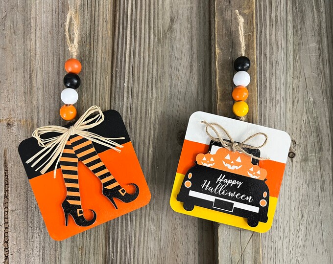 2 Piece Set - Halloween Themed Wooden Ornament Set - Farmhouse- Country - Tier Tray - Accent Pieces - Wall Decoration - Handmade