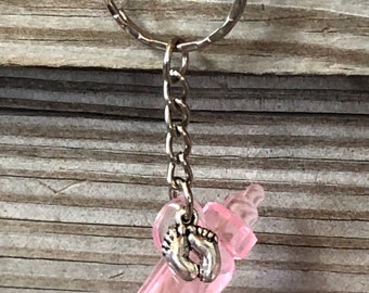 Pink Baby Bottle Keychain: Acrylic Favor with Silver Baby Feet Charm