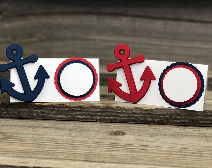 Set of 12 Red, White and Blue Anchor Table Tents/Place Cards-Baby Shower/Birthday Party Favors/Decorations - Nautical - Can be Customized