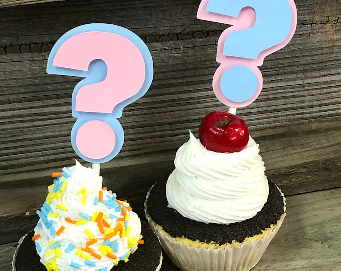 Gender Reveal Party Pack: Question Mark Cupcake Toppers, Wrappers & Confetti
