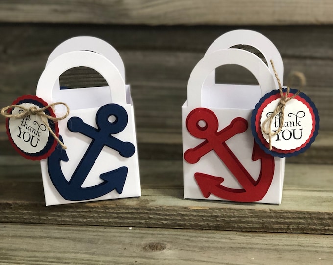 Set of 12 - Red, White & Blue Anchor Favor Bags with Handles - Baby Shower/Birthday Party - Favors - Treat Bags - Decorations/Nautical