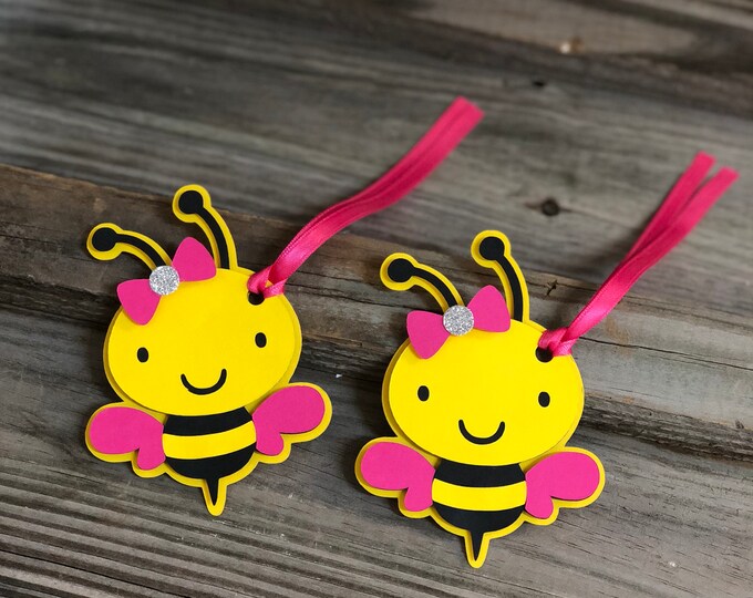 Set of 12 - Yellow, Black & Fuchsia BUMBLE BEE  Favor/Gift Tags - Baby Shower/Birthday Party - Decorations/Favors - Girl Bee