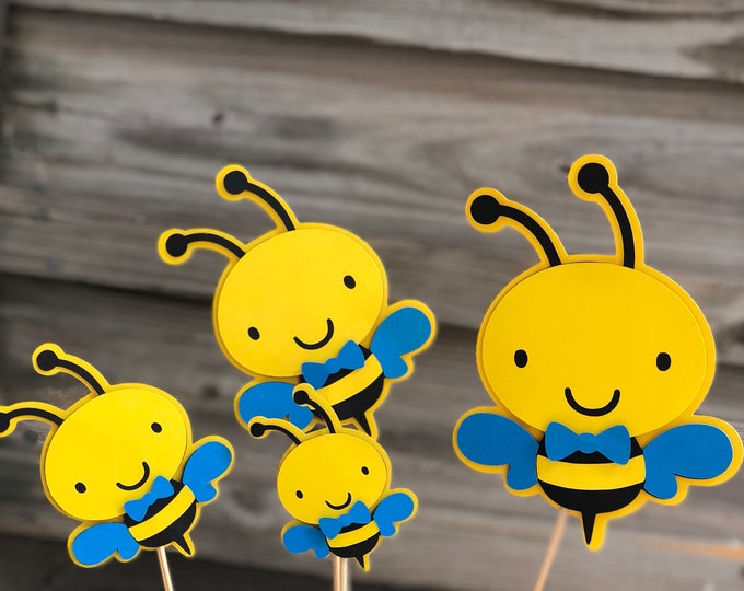 Set of 6 Yellow, Black & Bright Blue BUMBLE BEE Decorations On Wooden Sticks-Birthday Party/Baby Shower-Table Decorations (4 Sizes) Boy Bee