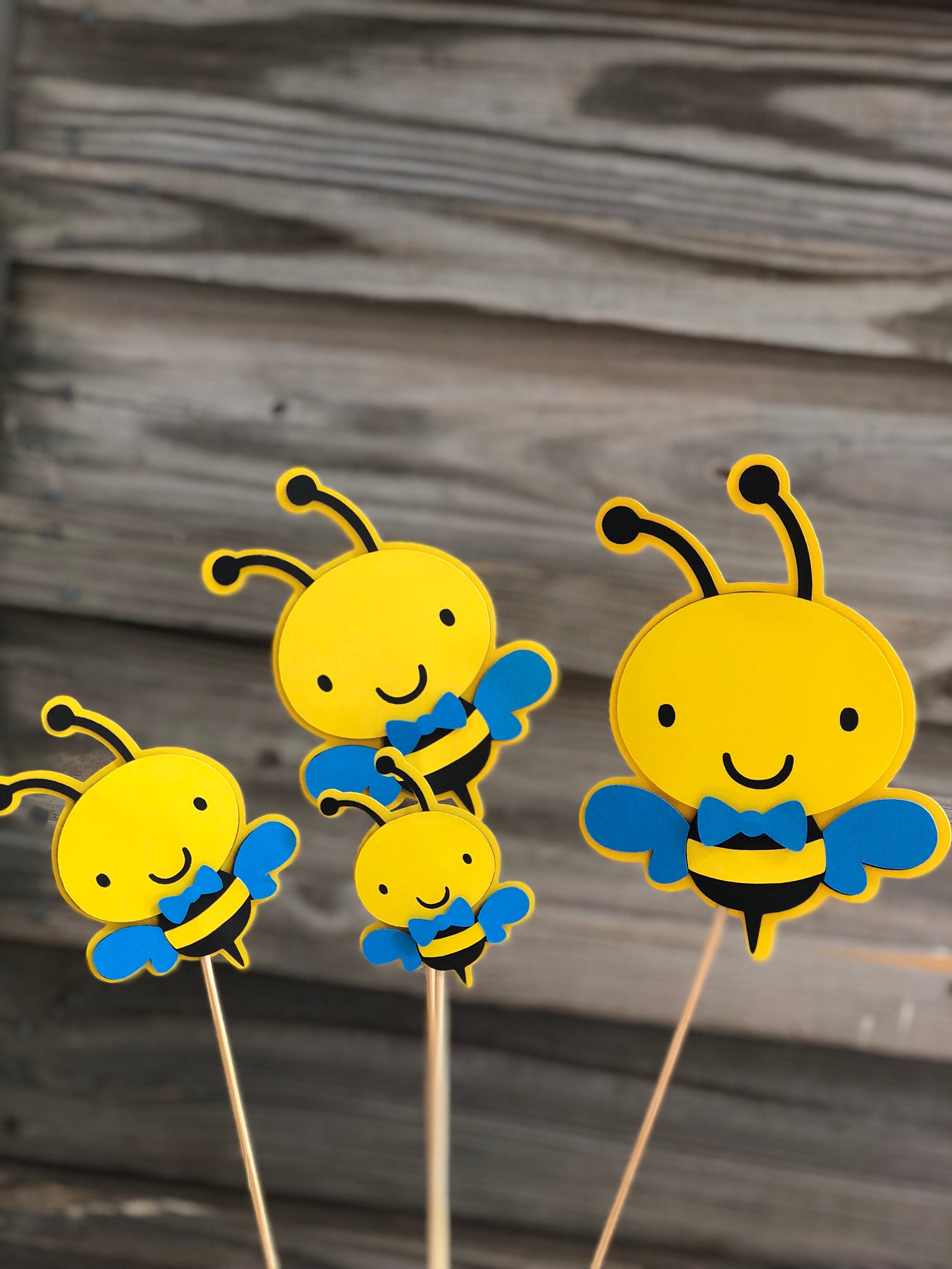 Set of 6 Yellow, Black & Bright Blue BUMBLE BEE Decorations On Wooden  Sticks-Birthday Party/Baby Shower-Table Decorations (4 Sizes) Boy Bee
