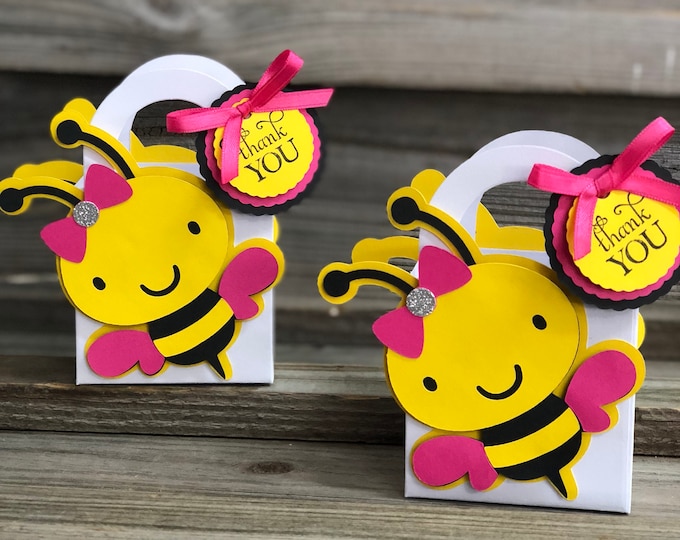 Set of 12 - Yellow, Black & Fuchsia BUMBLE BEE Favor Bags with Handles-Baby Shower/Birthday Party- Favors - Treat Bags- Decorations/Girl Bee
