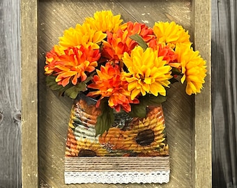 Farmhouse Country Wall Decoration (10" x 8")  - Fall Colors - Florals-Distressed - Vintage Look - Handmade - Rustic -Perfect for Fall/Autumn