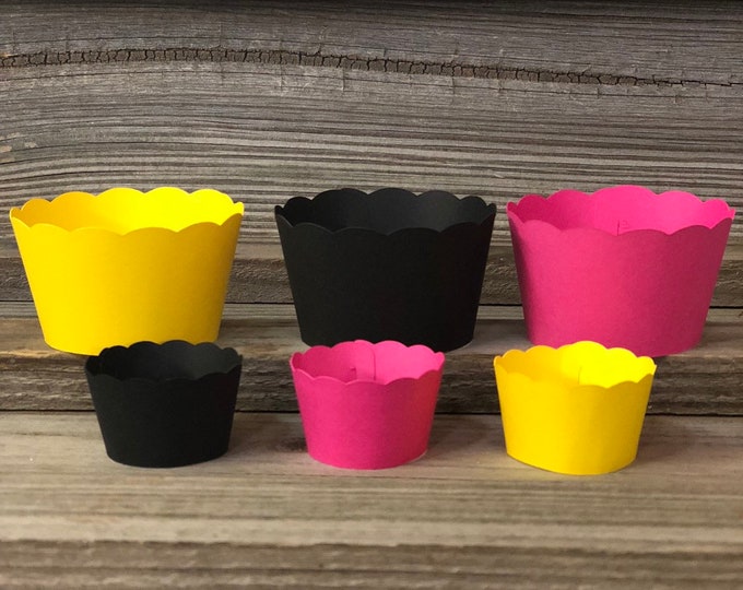 SET OF 12 Yellow, Fuchsia and Black Cupcake Wrappers - Baby Shower/Birthday Party - Matches Girl Bumble Bee Design - 2 Sizes