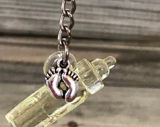 Yellow Baby Bottle Keychain: Silver Baby Feet Charm, Gender Neutral Favor