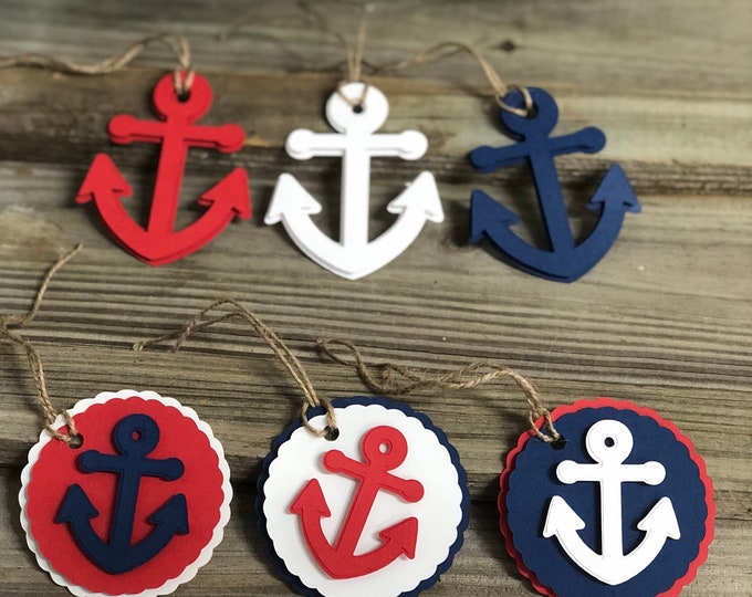 Set of 12 Red, White and Blue Anchor Favor or Gift Tags - Baby Shower/Birthday Party - Decorations/Favors - Nautical - 2 Designs
