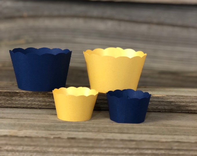 SET OF 12 Gold and Navy Blue Cupcake Wrappers - Baby Shower/Birthday Party/Wedding - Matches Gold and Navy Blue Design - 2 Sizes