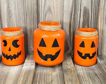 3 Piece Set - Halloween Jack-o-Lantern Glass Candle Holders - Farmhouse - Country - Pumpkin - Tier Tray - Accent Pieces - Handmade