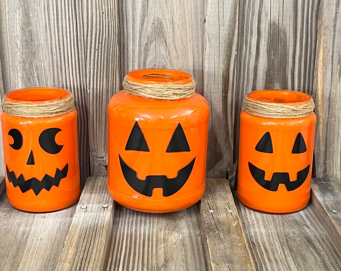 3 Piece Set - Halloween Jack-o-Lantern Glass Candle Holders - Farmhouse - Country - Pumpkin - Tier Tray - Accent Pieces - Handmade