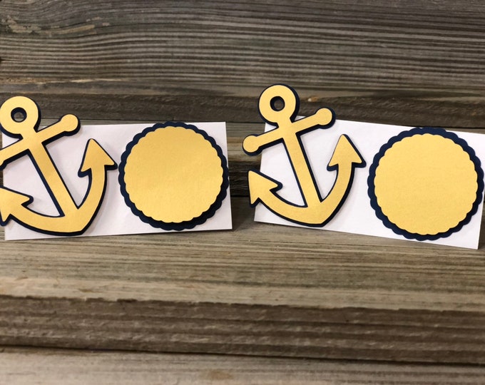 Set of 12 Gold and Navy Blue Anchor Table Tents/Place Cards-Baby Shower/Birthday/Weddings- Party Favors/Decorations-Nautical - Can Customize