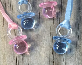 12 - Acrylic Baby Pacifier Favor Charm Necklaces in Blue AND Pink-Games/Decorations/Gift Tags/Favors/Ornaments-Baby Shower - Ribbon Included
