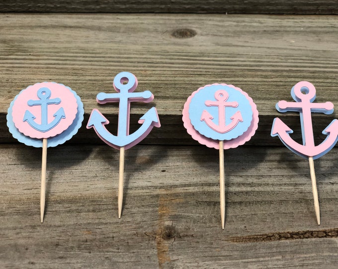 Baby Pink and Baby Blue Anchor Food/Party Picks - 2 Designs to choose from - Baby Shower/Birthday Party - Decorations/Favors/Nautical Theme