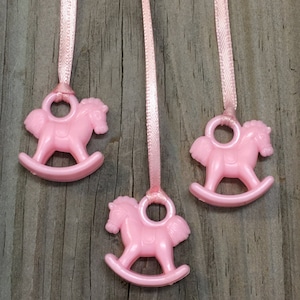 12 - Pink Rocking Horse Favor Charm Necklaces - Baby Girl - Games/Gift Tags/Favors/Ornaments  -Baby Shower-Ribbon Included