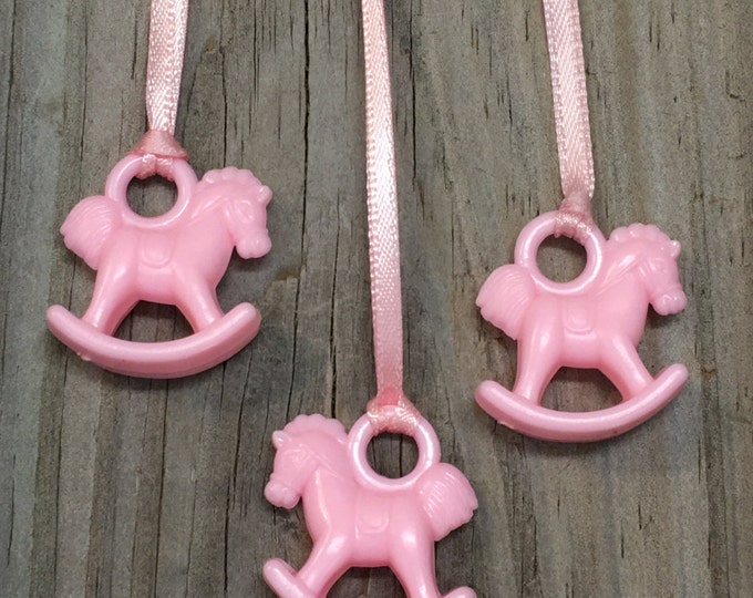 12 - Pink Rocking Horse Favor Charm Necklaces - Baby Girl - Games/Gift Tags/Favors/Ornaments  -Baby Shower-Ribbon Included