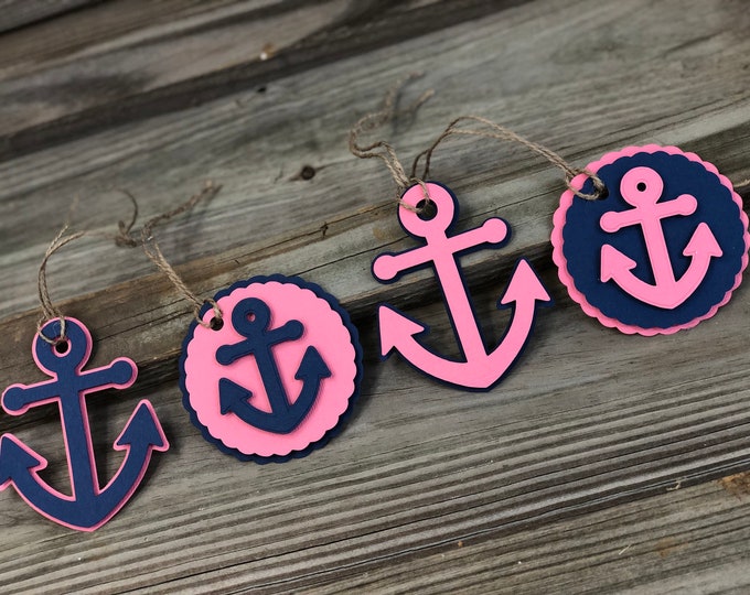 Set of 12 Coral and Navy Blue Anchor Favor or Gift Tags - Baby Shower/Birthday Party - Decorations/Favors - Nautical - 2 Designs