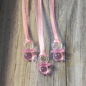 12 - Pink Acrylic Baby Pacifier Favor Charm Necklaces - Baby Girl-Games/Decorations/Gift Tags/Favors/Ornaments-Baby Shower - Ribbon Included