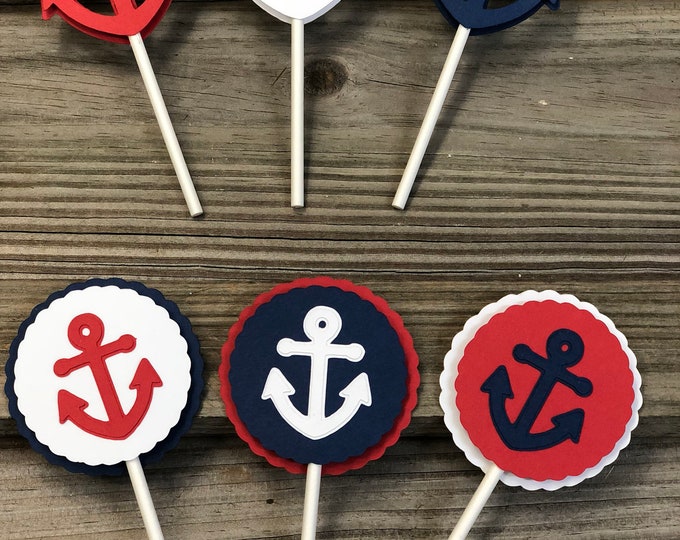 Set of 12 - Red, White and Blue Anchor Cupcake Toppers-Baby Shower/Birthday Party-Decorations/Favors/Centerpieces - Nautical - 2 Designs