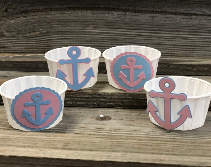 Set of 12 - Baby Pink and Baby Blue Anchor Party/Treat Snack Cups - Baby Shower/Birthday Party Favors - Decorations/Nautical - 2 Designs