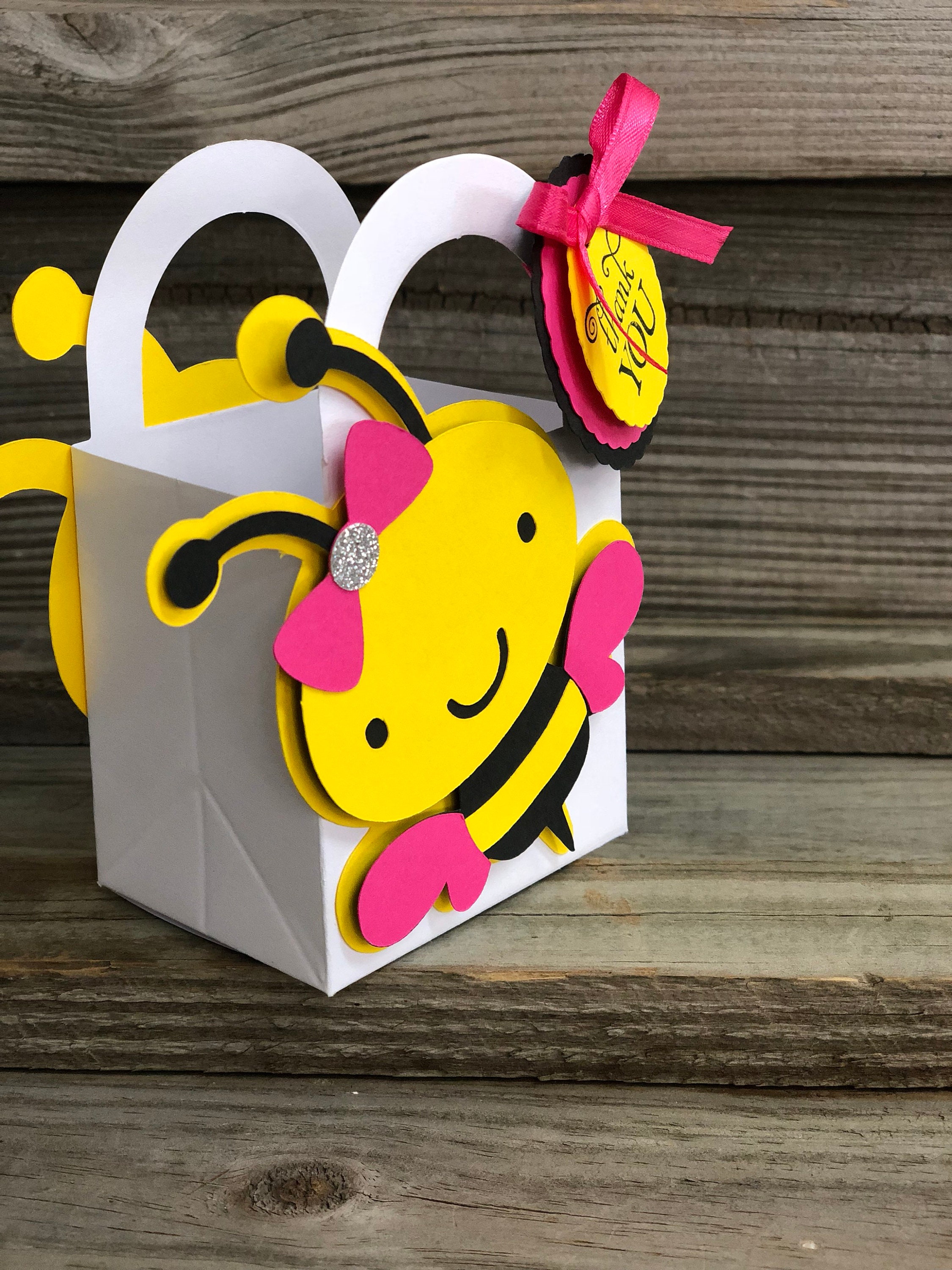 Set of 12 Yellow, Black & Fuchsia BUMBLE BEE Favor Bags with Handles