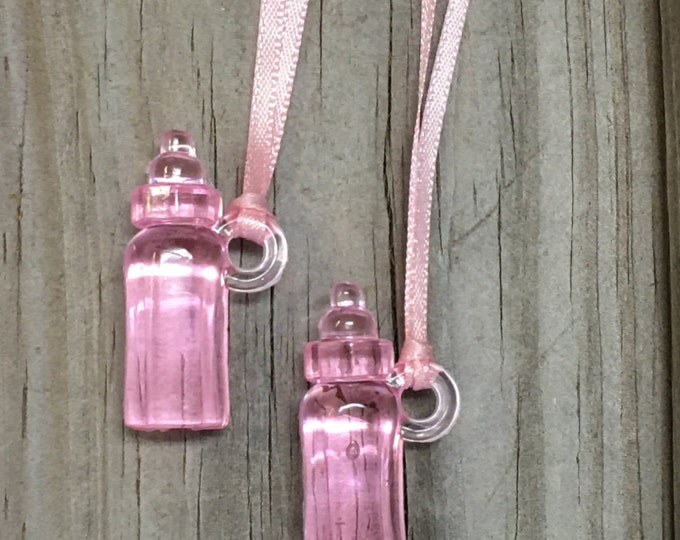 12 - Pink Acrylic Baby Bottle Favor Charm Necklaces-Baby Girl-Games/Decorations/Gift Tags/Favors/Ornaments  - Baby Shower - Ribbon Included