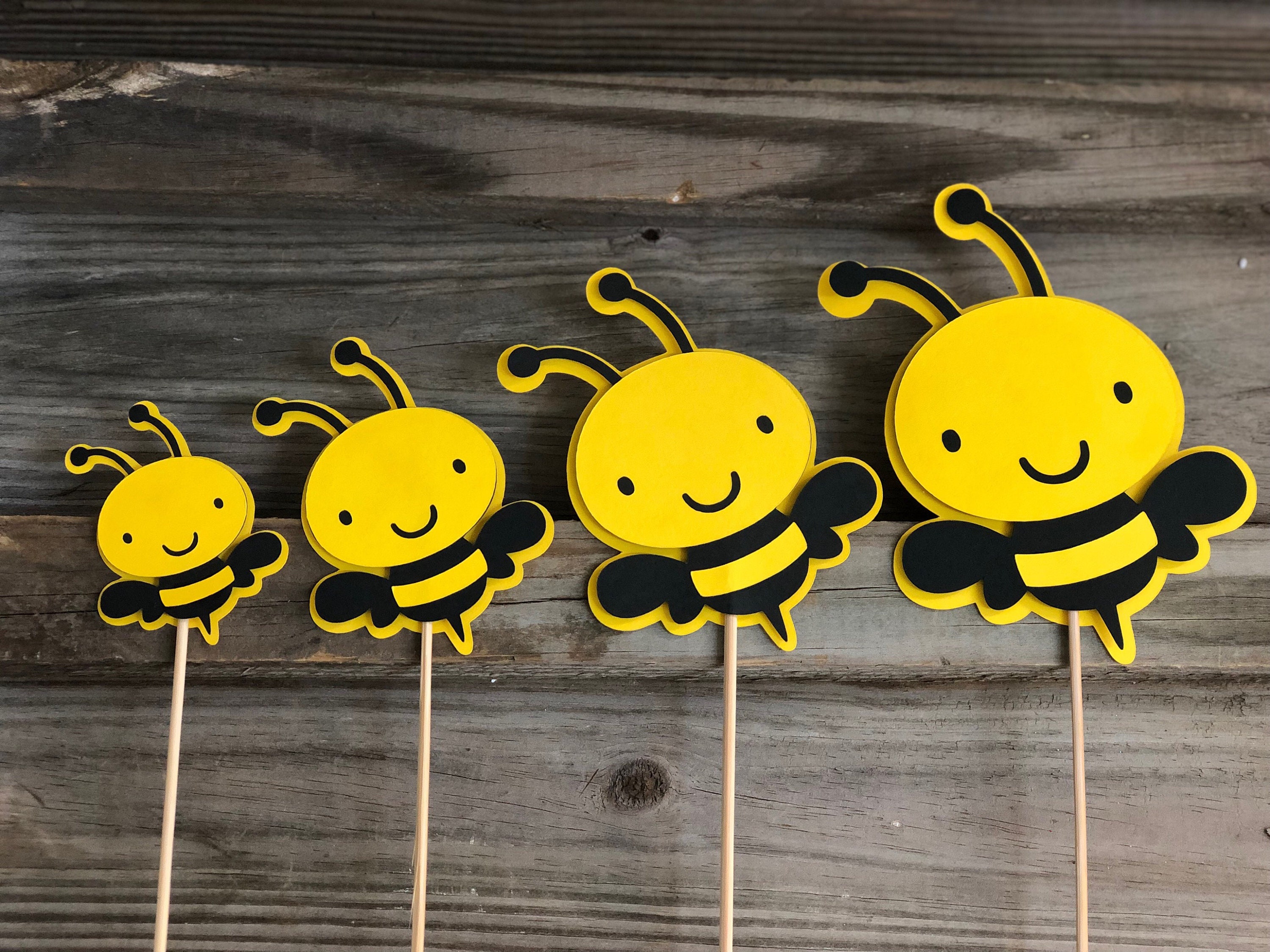 Set of 6 Yellow and Black BUMBLE BEE Decorations On Wooden Sticks -  Birthday Party/Baby Shower - Table Decorations (4 Sizes to Choose From)