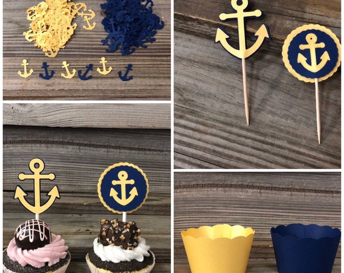 Navy Blue & Gold Anchor Party Pack-Includes: Cupcake Wrappers and Toppers, Food/Party Picks and Confetti-GREAT VALUE-Wedding/Shower/Party