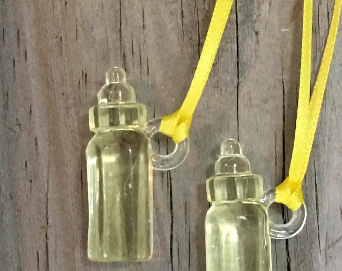 12 - Yellow Acrylic Baby Bottle Favor Charm Necklaces-Gender Neutral-Games/Decoration/Gift Tags/Favors/Ornaments-Baby Shower-Ribbon Included