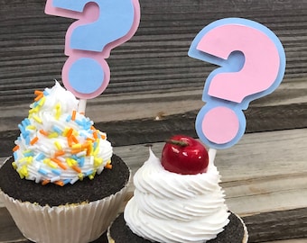 Set of 12 - GENDER REVEAL Baby Pink and Baby Blue Question Mark Cupcake Toppers - Baby Shower - Decorations-Favors - Centerpieces