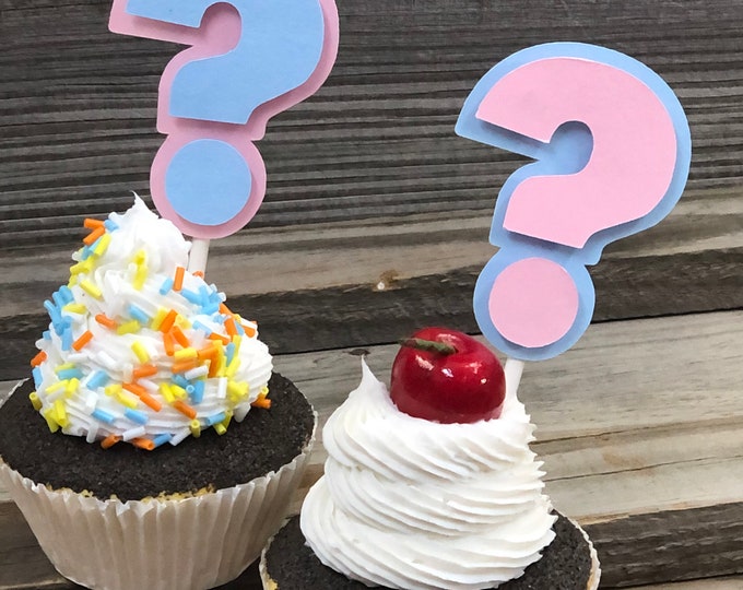 Set of 12 - GENDER REVEAL Baby Pink and Baby Blue Question Mark Cupcake Toppers - Baby Shower - Decorations-Favors - Centerpieces