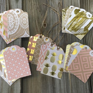20- Assorted Gold Foiled Accent Gift Tags (3&quot;x 2&quot;) w/Jute Twine - Matching Blank Mini Note Cards Available-Tags/Favor Tags/Birthday/Showers